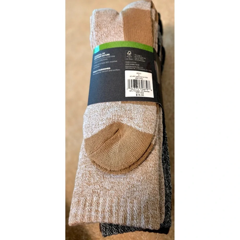 Alpine Design Performance‎ Hiking Sock Men's XL Assorted Grey 4-Pak